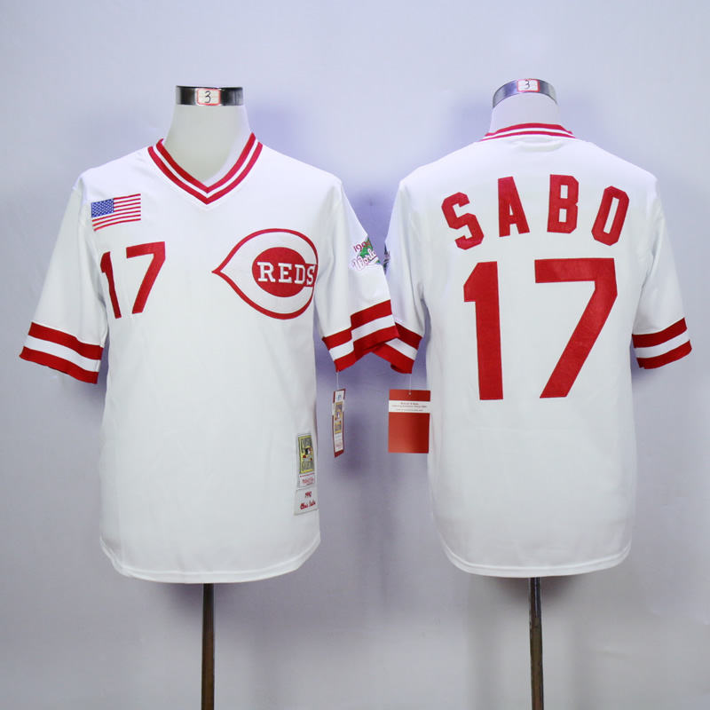 Men MLB Cincinnati Reds 17 Sabo white throwback 1990 jerseys